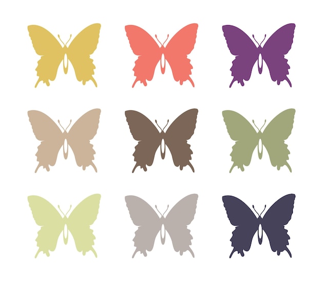 Set of flat vector objects of colored multicolor butterflies