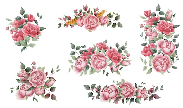 Set of floral arrangement of peonies green leaves and branches Suitable for postcards banners