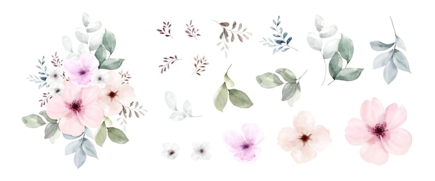 Set of floral bouquet watercolor elements isolated on white background Botanical illustration collection of flower leaves and branches