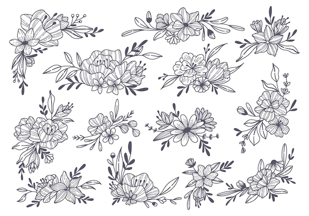 Set of Floral Branch Doodle Line Art Vector Illustration