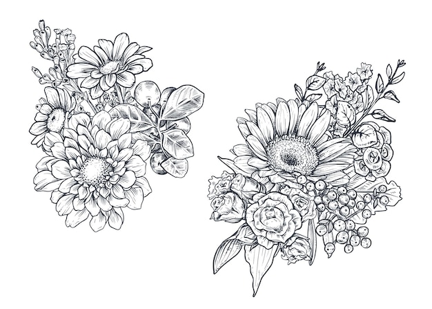 Set of Floral compositions Bouquets with hand drawn flowers and plants Monochrome vector illustrations in sketch style