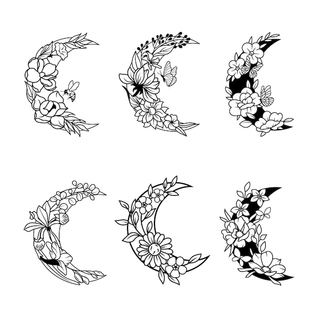 Vector set of floral crescent moon vector art illustration