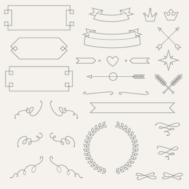 A set of floral design elements, wreaths, ribbons and arrows isolated on background