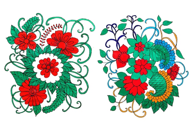 A set of floral designs with a red flower on the left.