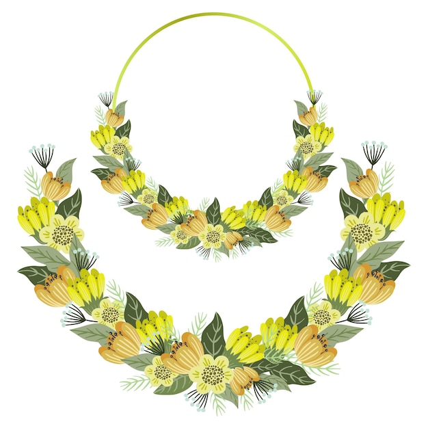 Set of floral frames, cute flowers with golden circle frame and wreath.