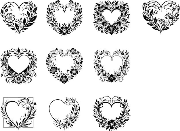 set of floral heart shape frame