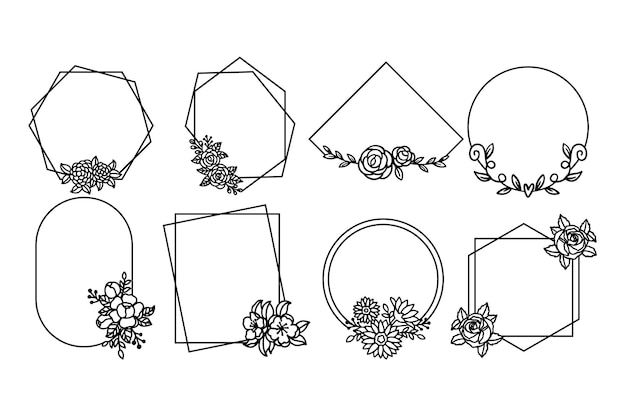 Set of floral round frames labels and banners with branchvector illustration