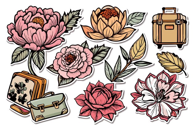 Vector set of floral and travel themed stickers in a vintage style