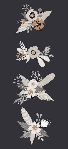 Vector set of floral vector bouquet of beautiful flowers and feathers. greeting card, flower decoration. collection of decorative floral design elements.