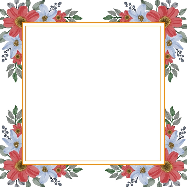 set floral watercolor of red and blue in gold square frame