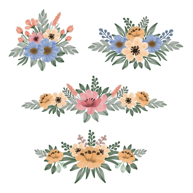 Set floral watercolor of yellow pink and blue flowers