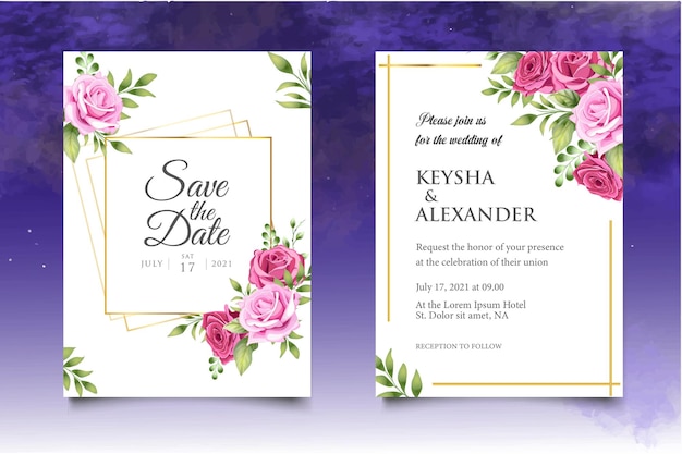 Set of floral wedding invitation template with beautiful flowers and leaves