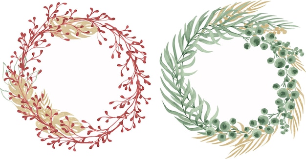 Set of floral wreaths with green and gold leaves. Eucalyptus, green leaves.