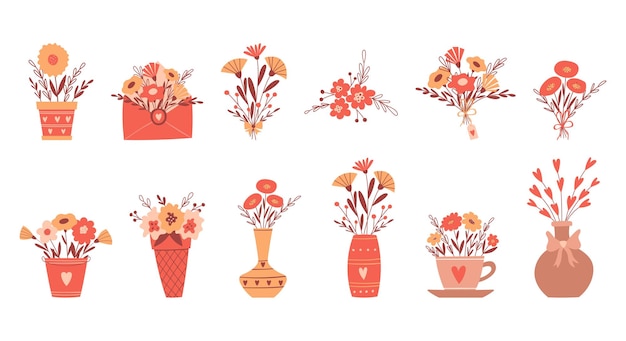 A set of flower arrangements in vases an envelope a planter a bucket Simple cute botanical compositions in cartoon style Color vector illustrations isolated on a white background