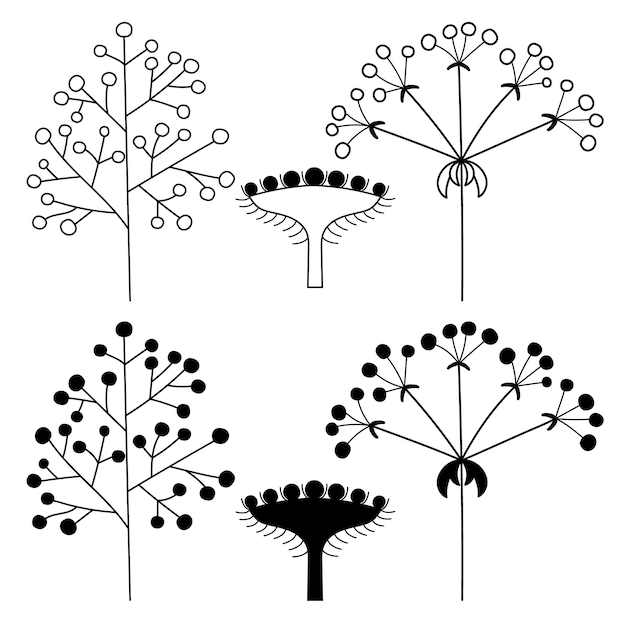 Set of flower inflorescences in plants on a stem silhouette isolated vector