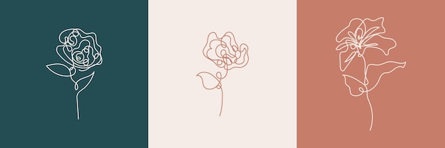 set flowers creative illustration minimalist line art style