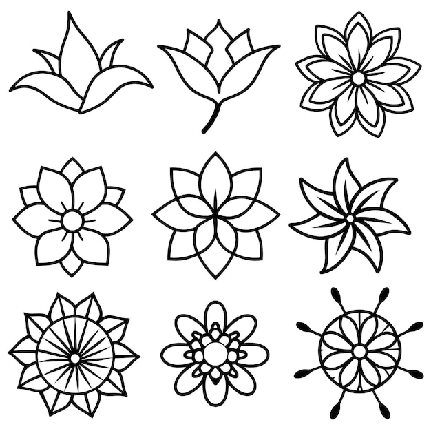 set of flowers outline illustration on white background