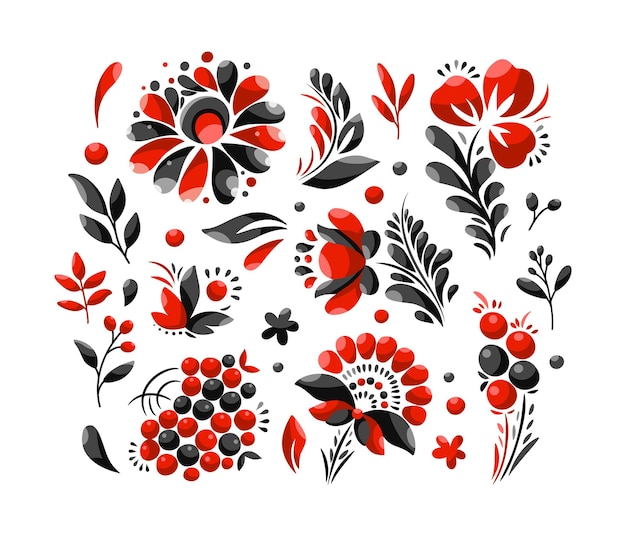 Set of flowers, Ukrainian style, red and black