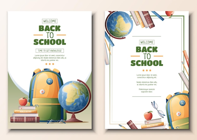 Set of flyer template with school backpack globe and textbooks School time back to school education