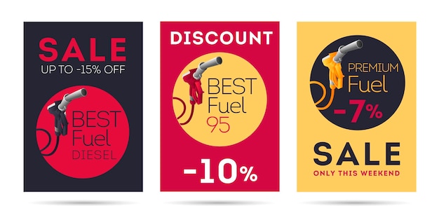 Set of flyers or posters for gas station with sale promo refuelling gun fuel nozzel illustration