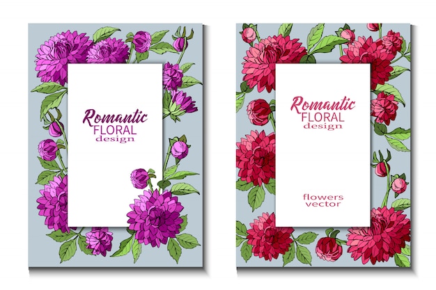 Set of flyers with purple and red dahlias flowers