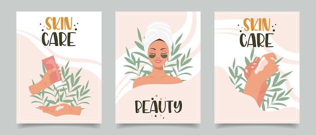 Vector set of flyers with woman cosmetics beauty products beauty skin care cosmetics shower concept