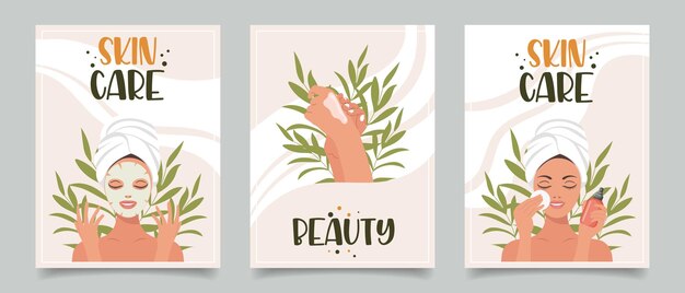 Vector set of flyers with woman cosmetics beauty products beauty skin care cosmetics shower concept