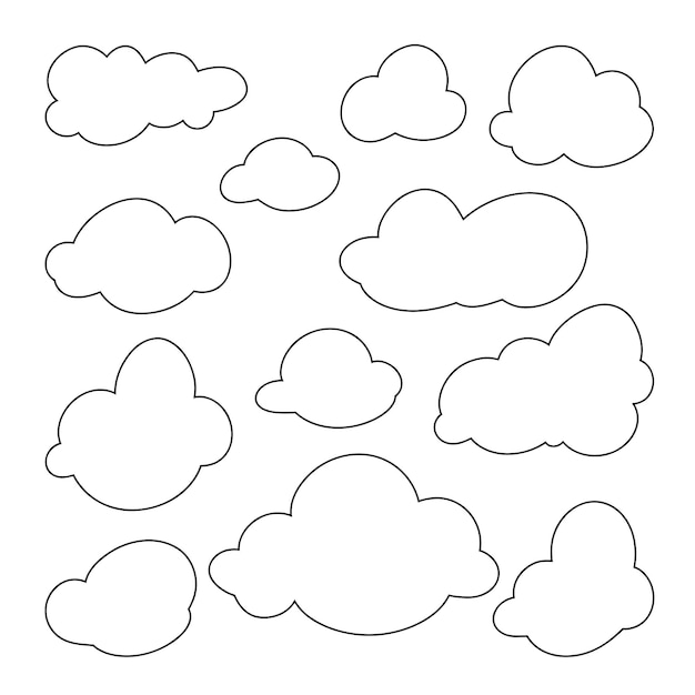 Vector a set of flying empty air clouds black and white graphic vector illustration drawn with a line