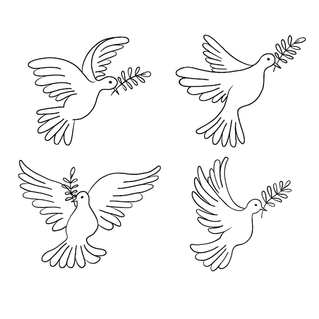 Set of flying pigeons with a branch and leaves Dove of peace Hand drawn line sketch