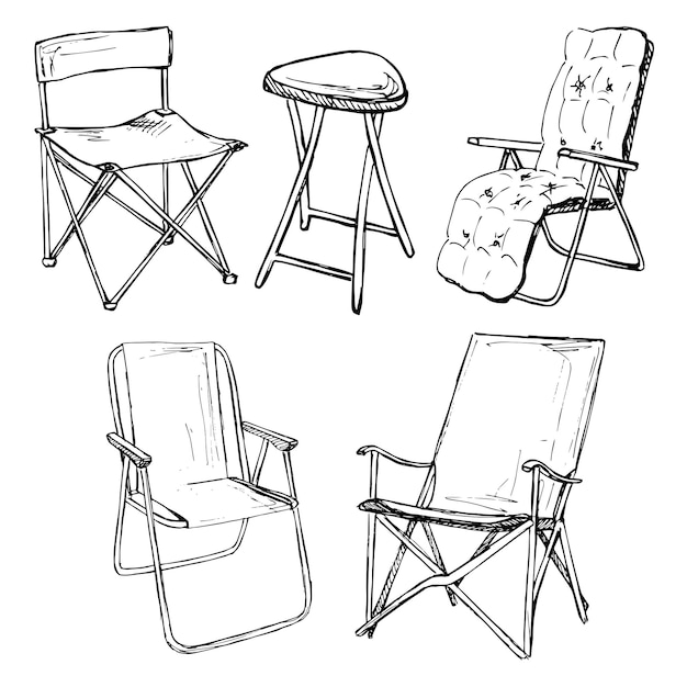 Set of folding chairs on a white background isolation Vector illustration in a sketch style