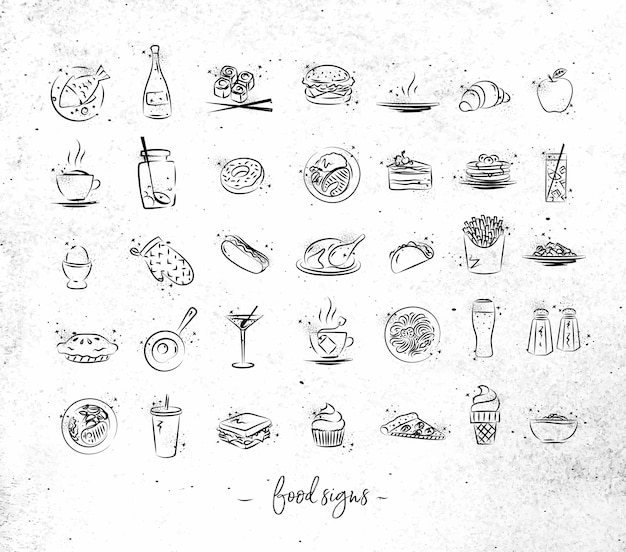 Set of food icons drawing with black lines on dirty paper background