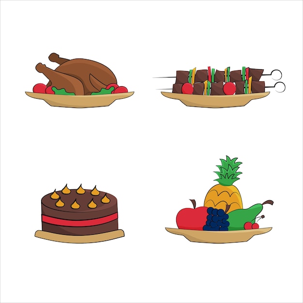 Set of food icons Vector pictures of fruit cake and meat Shish kebab and grilled chicken