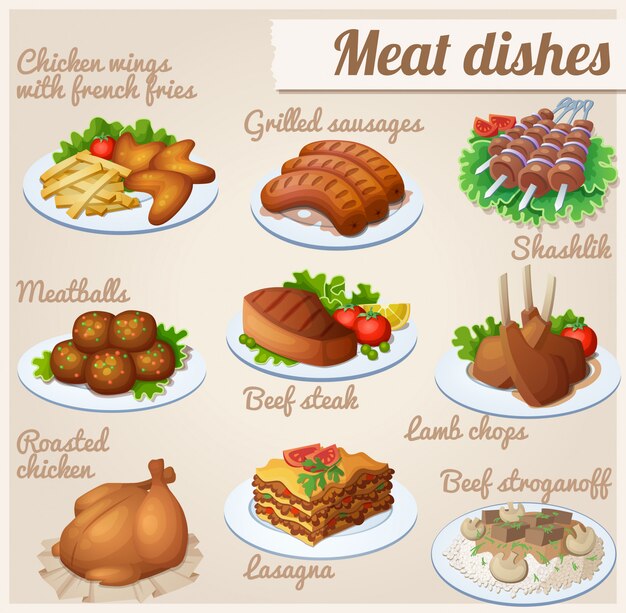 Vector set of food. meat dishes.