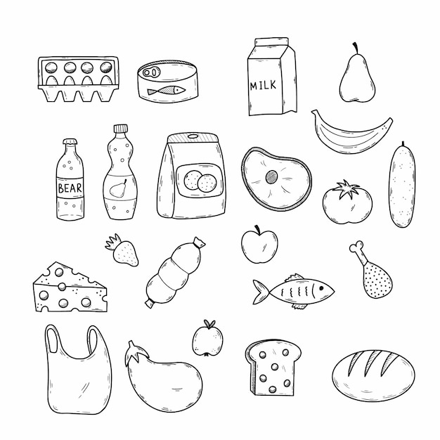 Set food products from supermarket Vector doodle illustration