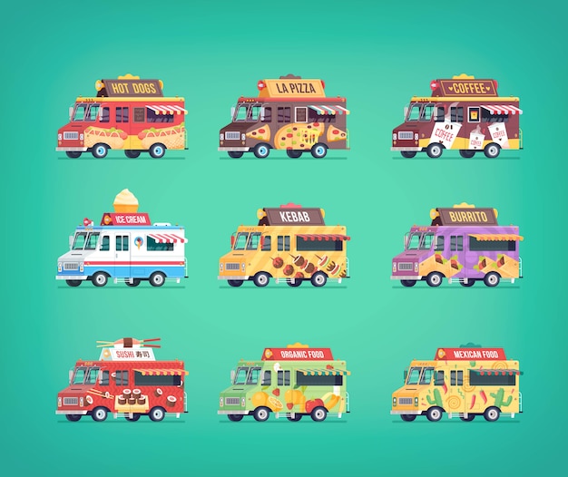 Set of  food truck icons. Modern  concept compositions for food delivery service vehicles.