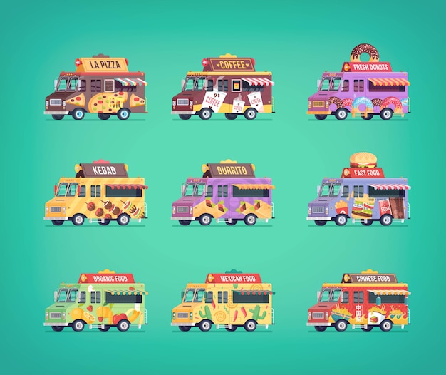 Set of  food truck icons. Modern  concept compositions for food delivery service vehicles.