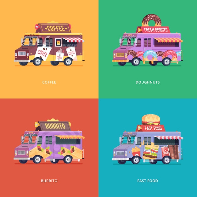 Set of  food truck illustrations. Modern  concept compositions for coffee, doughnuts, burrito and fast food delivery wagon.