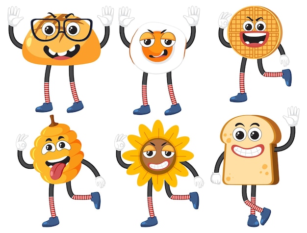 Set of food with facial expression cartoon character