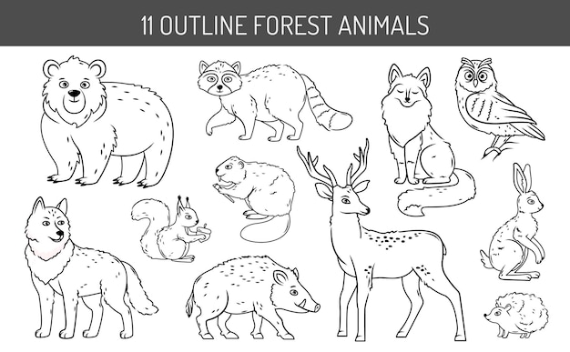 A set of forest animals on an isolated background Cute contoured animals in cartoon style vector