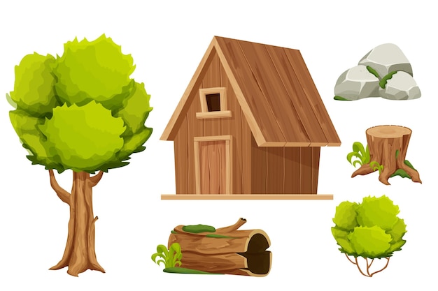 Set Forest hut wooden house or cottage tree old log with moss stone pile and bush