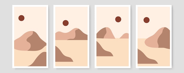 Set of four Abstract Aesthetic mid century modern landscape Contemporary boho design. Minimal and natural Illustrations  wall art