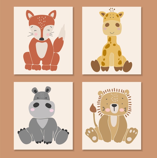 A set of four art pieces with a lion a rhino a lion a rhino a giraffe a rhino a lion a rhino a bear