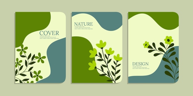 A set of four brochures with the words nature, design, design, and design.