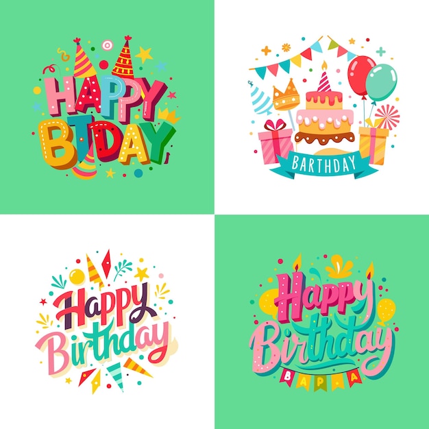 a set of four cards with a birthday cake on it