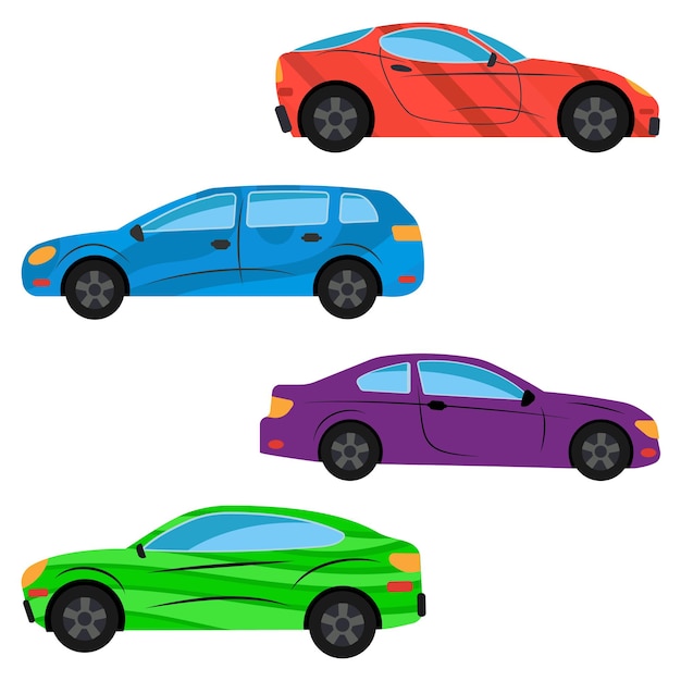 A set of four cars painted in different colors. Vector illustration