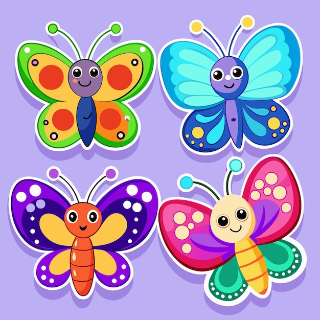 Set of four cartoon butterflies with different colors and patterns