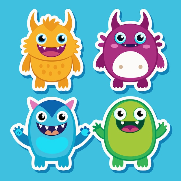 Set of four cartoon monsters with happy faces and big eyes