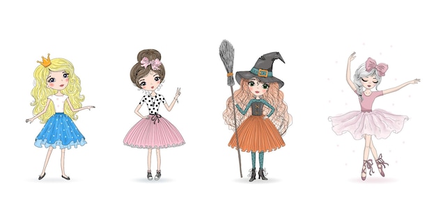 Set of four characters princess girl witch ballerina