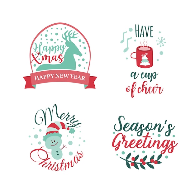 Set of four christmas logotype or insignia cute cartoon christmas tree vector