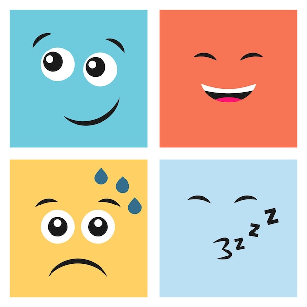 Set of four colorful emoticons with laughing, surprised, winking and dissatisfied faces. Emoji icon in square. Flat background pattern. Vector illustration